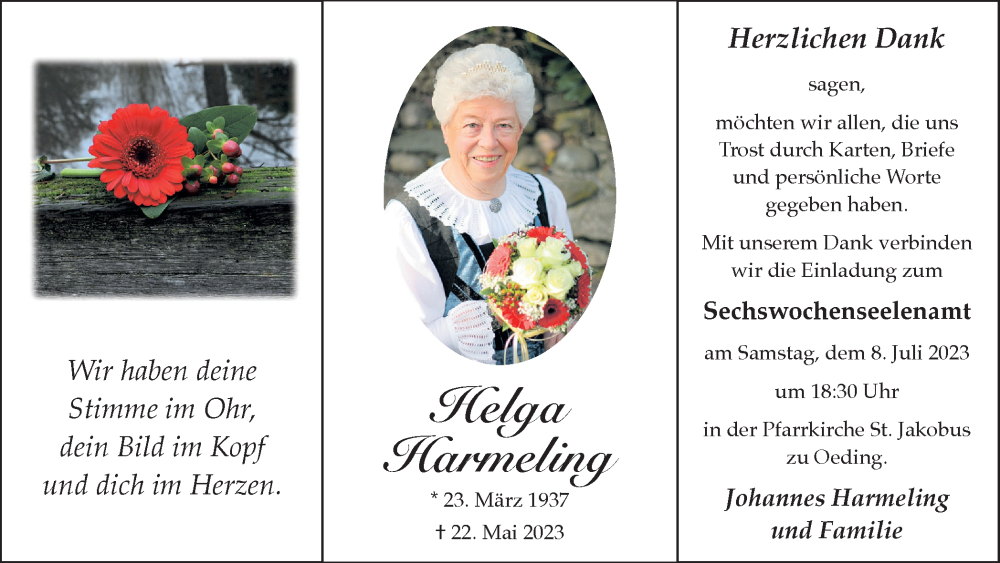  Traueranzeige für Helga Harmeling vom 05.07.2023 aus Münstersche Zeitung und Münsterland Zeitung