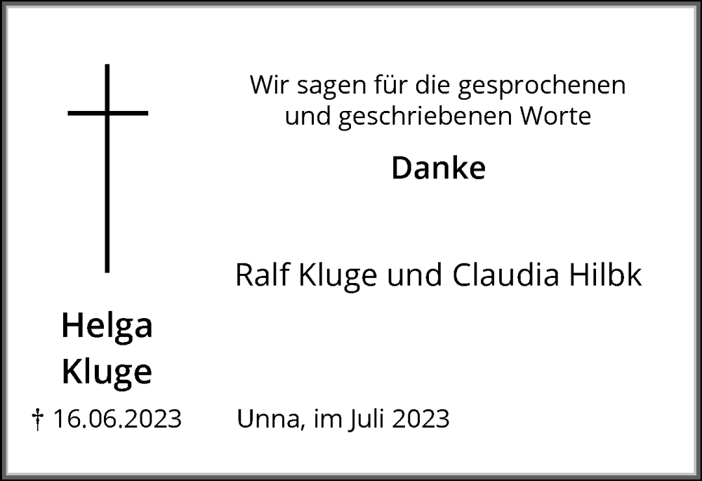 Traueranzeige für Helga Kluge vom 14.07.2023 aus Hellweger Anzeiger