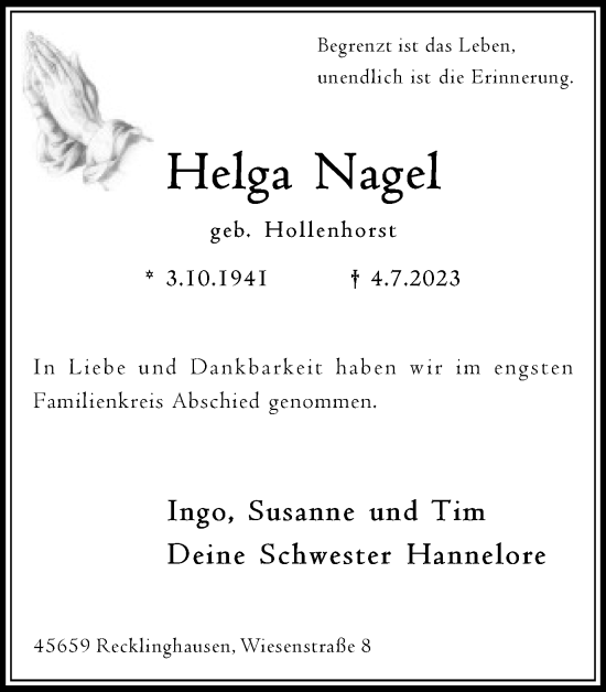 Traueranzeige von Helga Nagel von Medienhaus Bauer