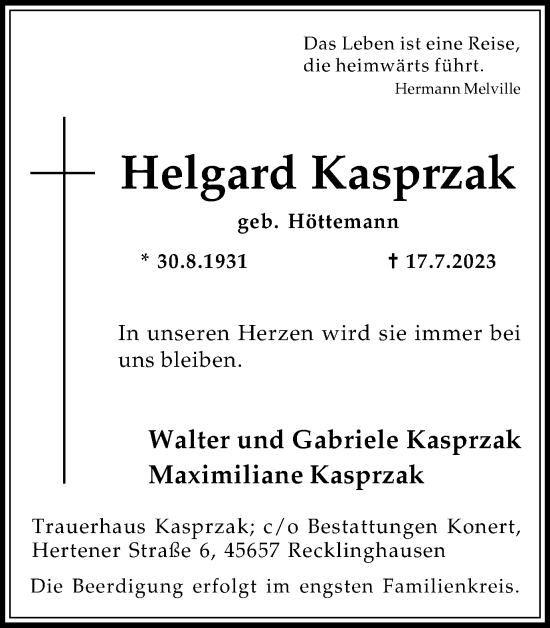Traueranzeige von Helgard Kasprzak von Medienhaus Bauer