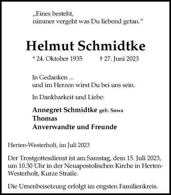 Traueranzeige von Helmut Schmidtke von Medienhaus Bauer