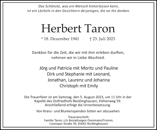 Traueranzeige von Herbert Taron von Medienhaus Bauer