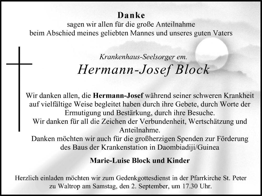  Traueranzeige für Hermann-Josef Block vom 08.07.2023 aus Medienhaus Bauer