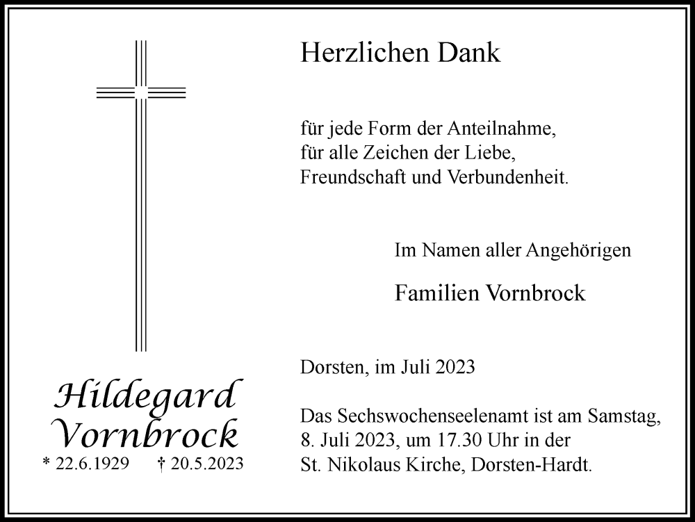  Traueranzeige für Hildegard Vornbrock vom 04.07.2023 aus Ruhr Nachrichten und Dorstener Zeitung