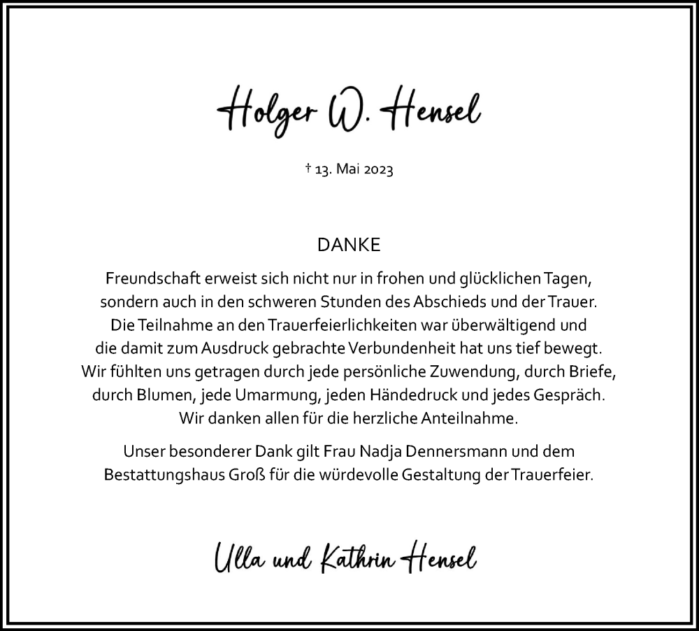  Traueranzeige für Holger W. Hensel vom 01.07.2023 aus Hellweger Anzeiger
