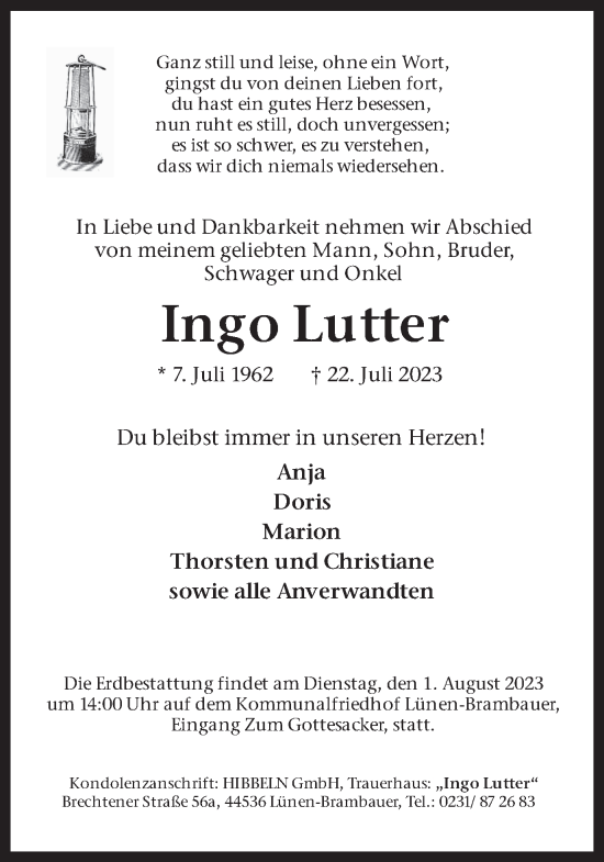 Traueranzeige von Ingo Lutter von Ruhr Nachrichten