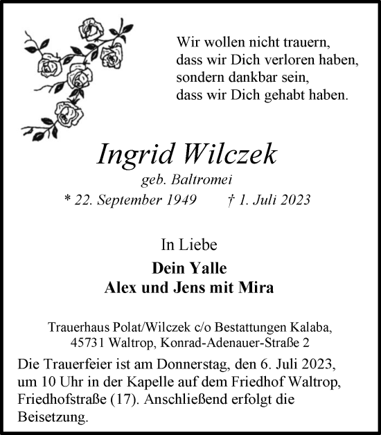 Traueranzeige von Ingrid Wilczek von Medienhaus Bauer