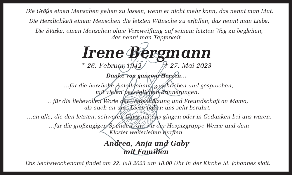  Traueranzeige für Irene Bergmann vom 14.07.2023 aus Ruhr Nachrichten