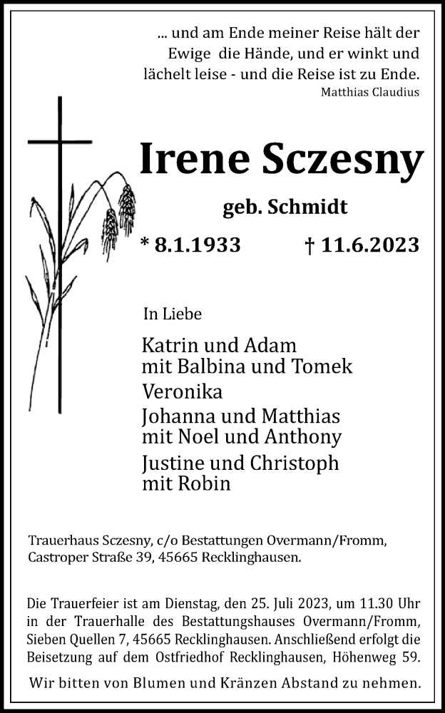 Traueranzeige für Irene Sczesny vom 15.07.2023 aus Medienhaus Bauer