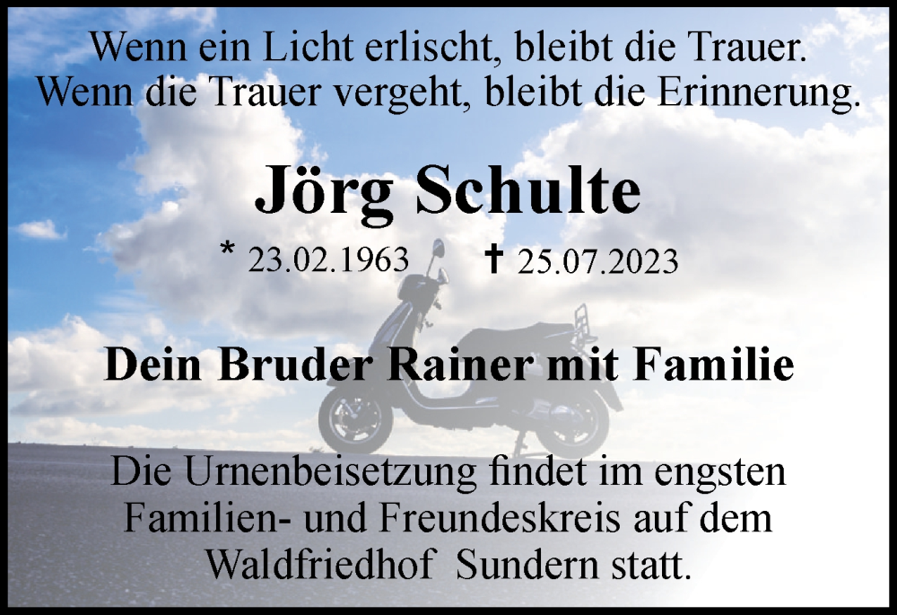  Traueranzeige für Jörg Schulte vom 29.07.2023 aus Ruhr Nachrichten und Halterner Zeitung