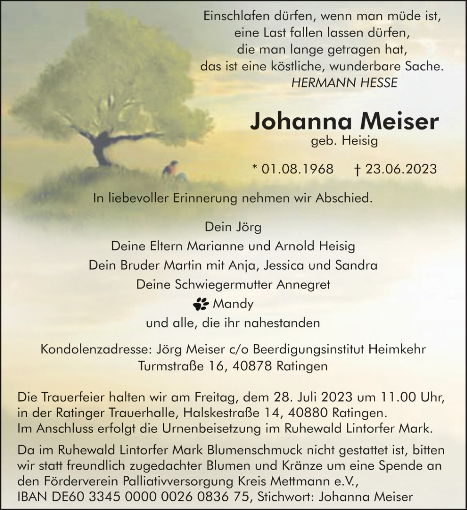  Traueranzeige für Johanna Meiser vom 01.07.2023 aus Ruhr Nachrichten