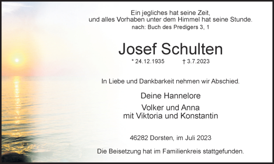 Traueranzeige von Josef Schulten von Ruhr Nachrichten und Dorstener Zeitung