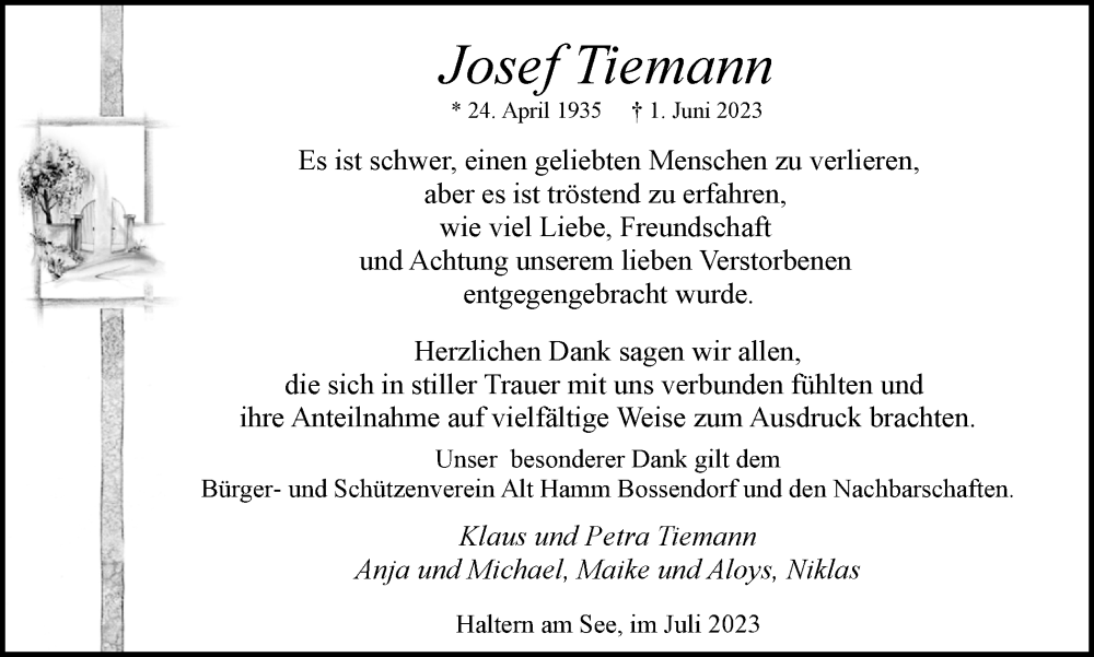  Traueranzeige für Josef Tiemann vom 08.07.2023 aus Ruhr Nachrichten und Halterner Zeitung