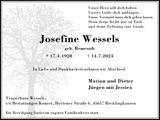 Traueranzeige von Josefine Wessels von Medienhaus Bauer