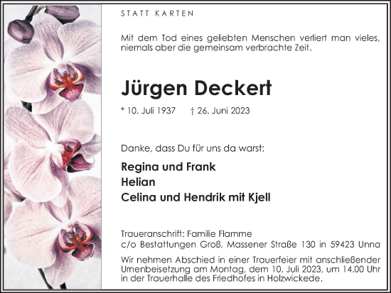 Traueranzeige von Jürgen Deckert von Hellweger Anzeiger