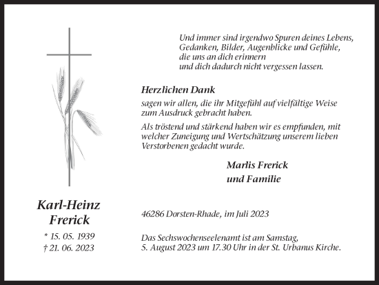 Traueranzeige von Karl-Heinz Frerick von Ruhr Nachrichten und Dorstener Zeitung