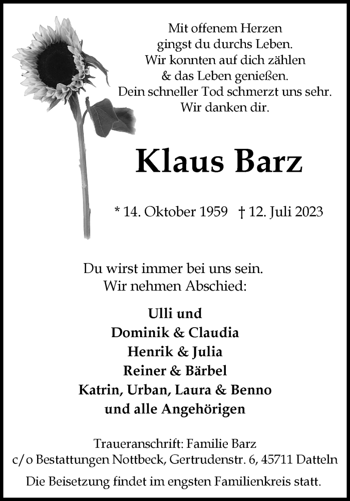  Traueranzeige für Klaus Barz vom 15.07.2023 aus Medienhaus Bauer