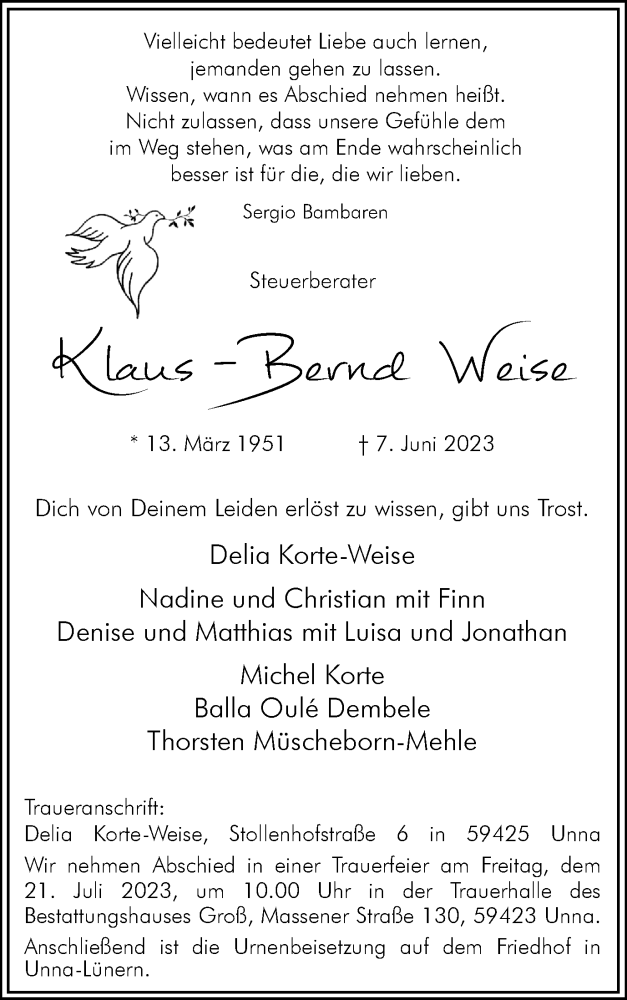  Traueranzeige für Klaus-Bernd Weise vom 15.07.2023 aus Hellweger Anzeiger
