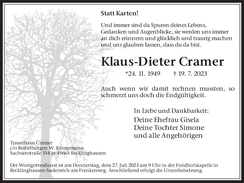  Traueranzeige für Klaus-Dieter Cramer vom 22.07.2023 aus Medienhaus Bauer