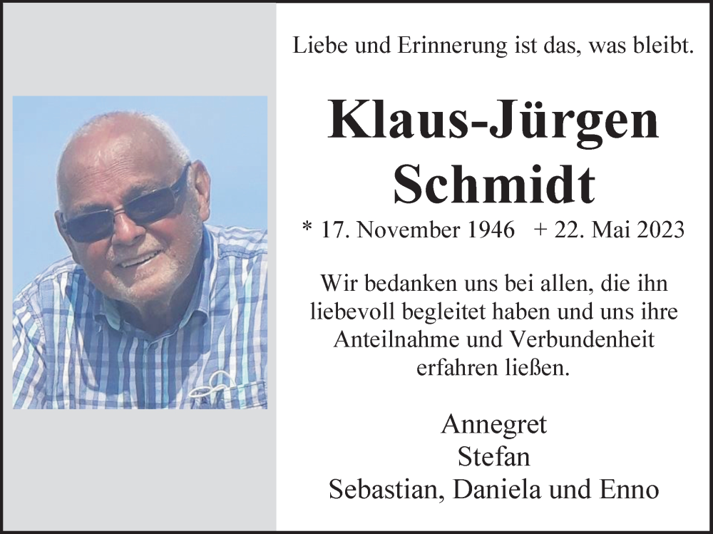  Traueranzeige für Klaus-Jürgen Schmidt vom 08.07.2023 aus Münstersche Zeitung und Münsterland Zeitung