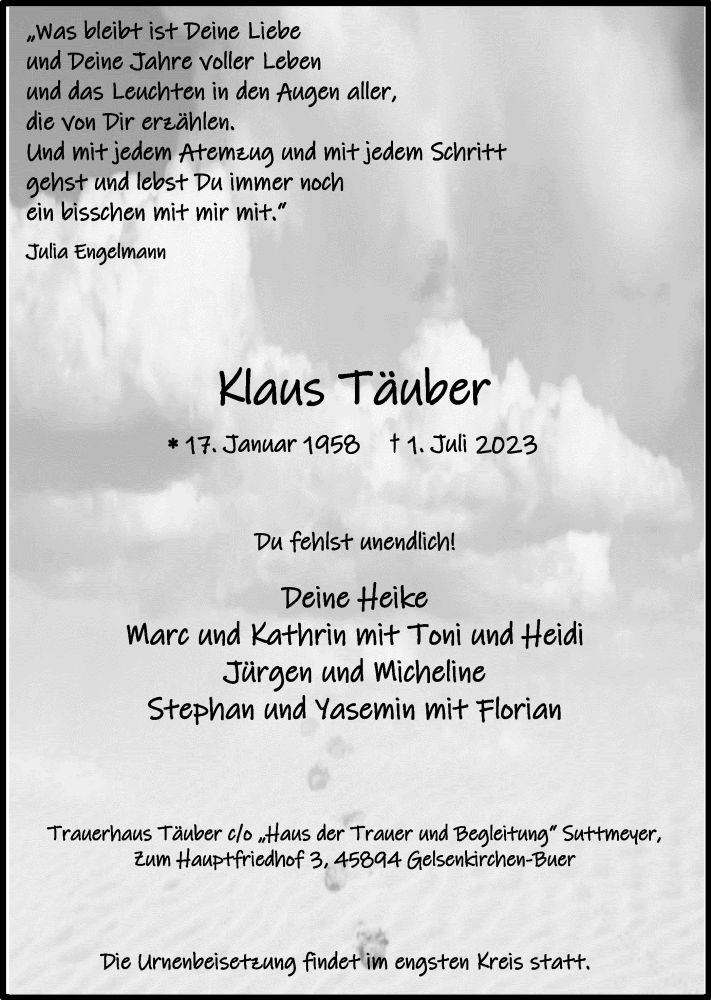  Traueranzeige für Klaus Täuber vom 08.07.2023 aus Ruhr Nachrichten und Dorstener Zeitung