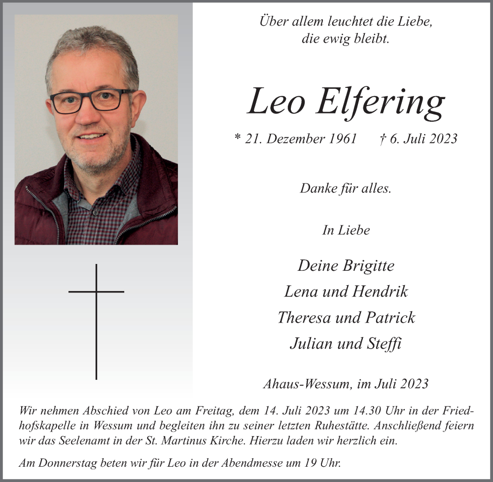  Traueranzeige für Leo Elfering vom 11.07.2023 aus Münstersche Zeitung und Münsterland Zeitung