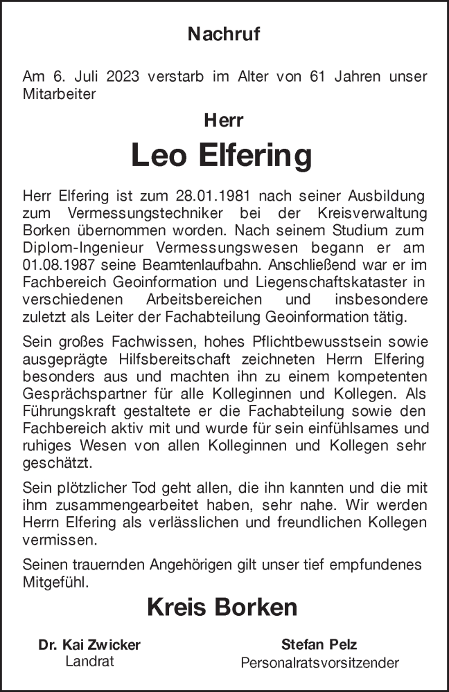  Traueranzeige für Leo Elfering vom 13.07.2023 aus Münstersche Zeitung und Münsterland Zeitung