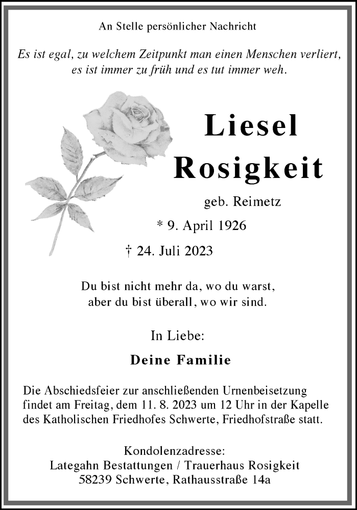  Traueranzeige für Liesel Rosigkeit vom 29.07.2023 aus Ruhr Nachrichten