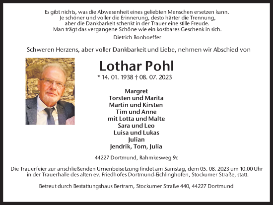 Traueranzeige von Lothar Pohl 