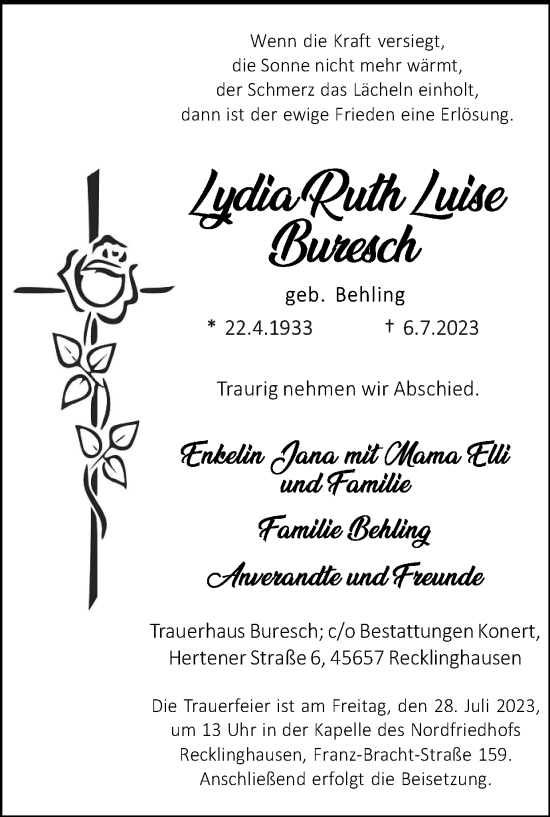 Traueranzeige von Lydia Ruth Luise Buresch von Medienhaus Bauer