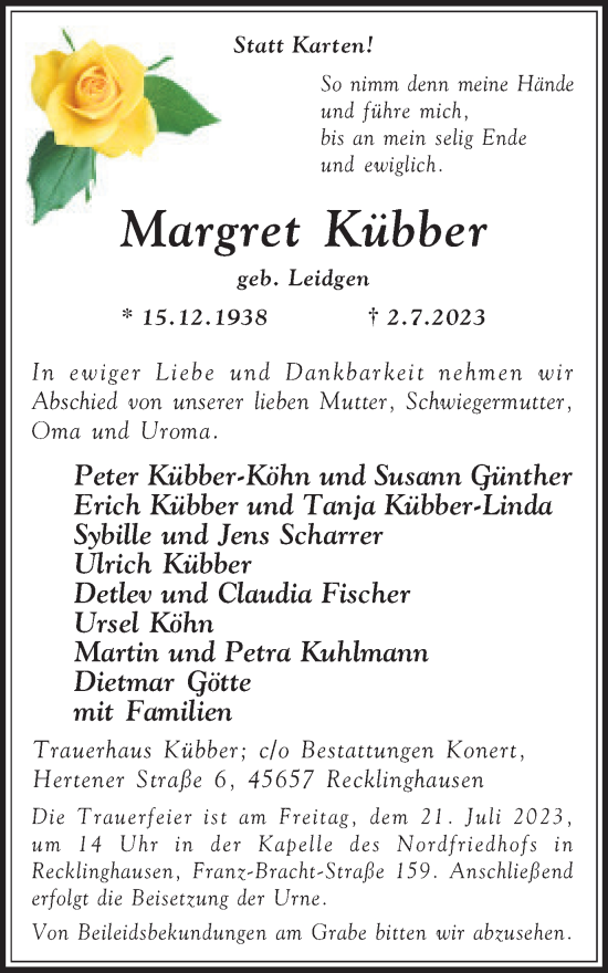 Traueranzeige von Margret Kübber von Medienhaus Bauer