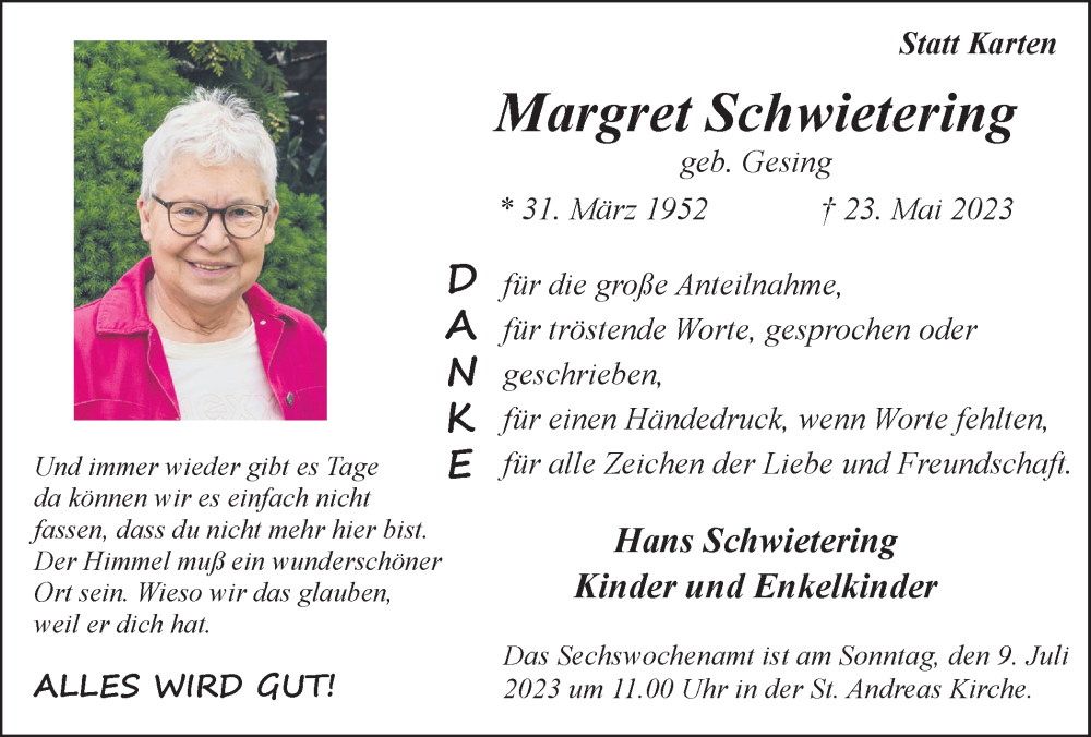  Traueranzeige für Margret Schwietering vom 06.07.2023 aus Münstersche Zeitung und Münsterland Zeitung