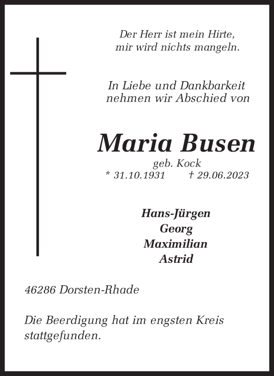 Traueranzeige von Maria Busen von Ruhr Nachrichten und Dorstener Zeitung