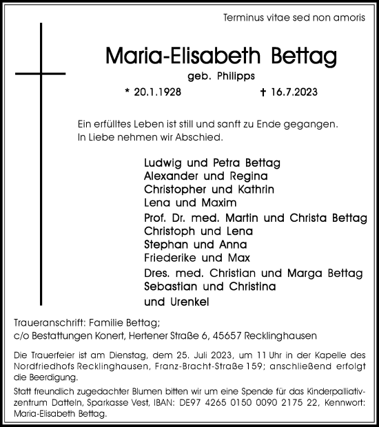 Traueranzeige von Maria-Elisabeth Bettag von Medienhaus Bauer