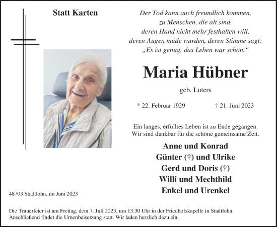 Traueranzeige von Maria Hübner von Münstersche Zeitung und Münsterland Zeitung