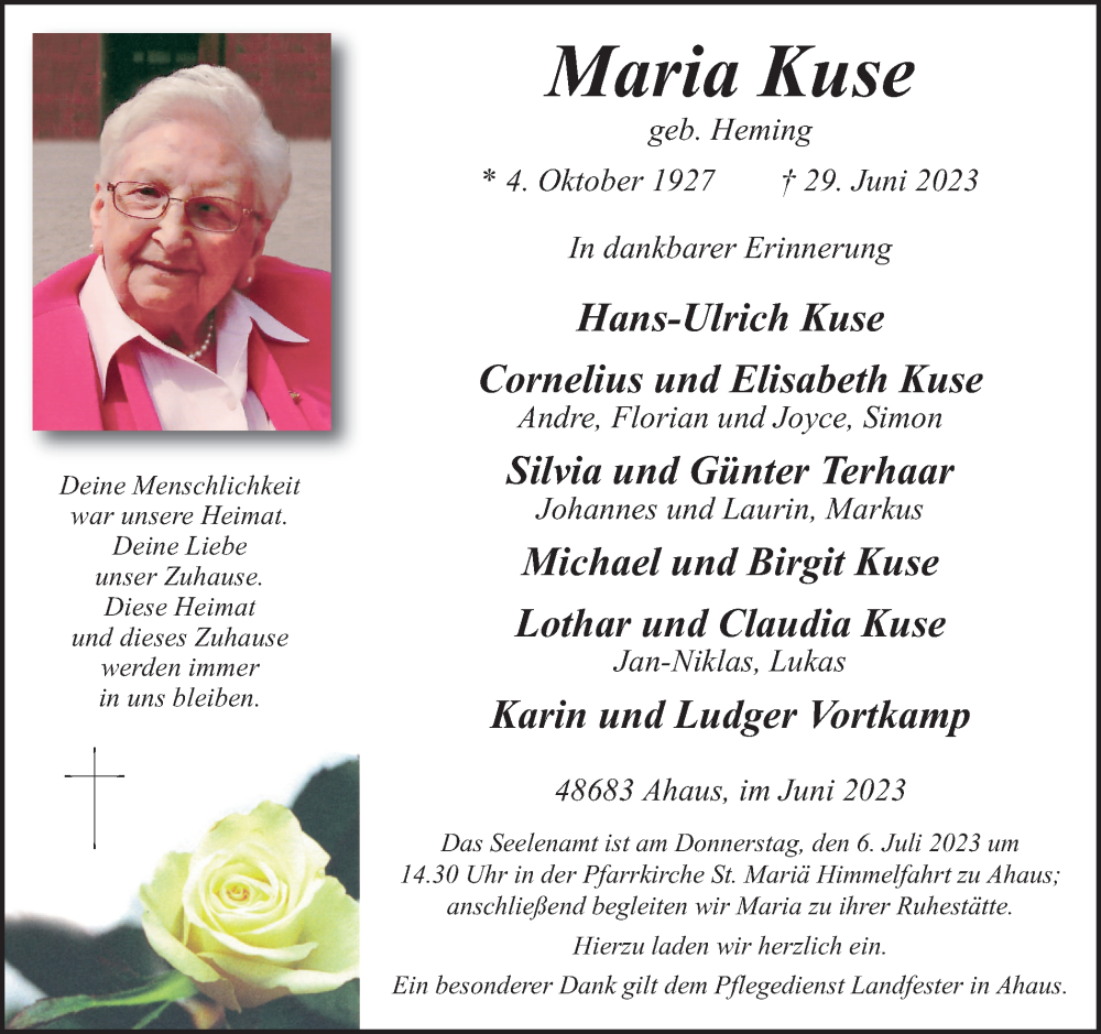  Traueranzeige für Maria Kuse vom 01.07.2023 aus Münstersche Zeitung und Münsterland Zeitung