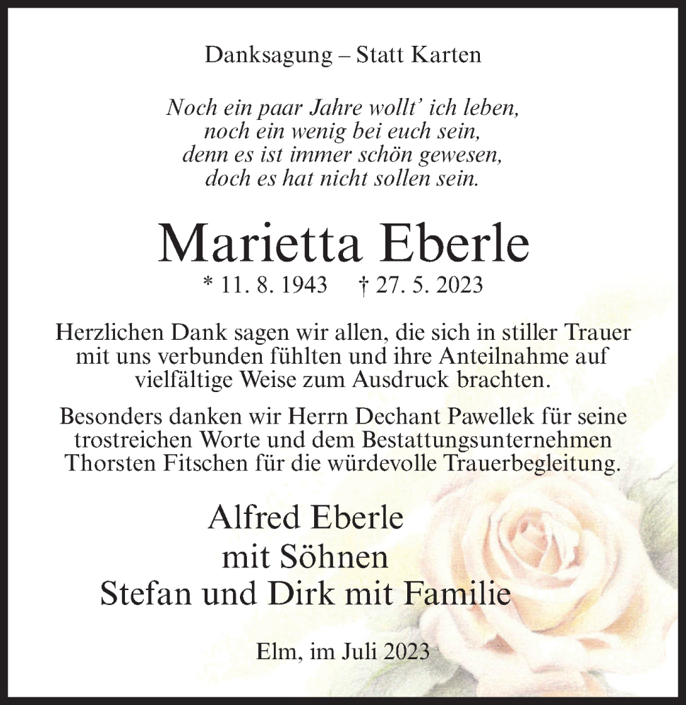  Traueranzeige für Marietta Eberle vom 08.07.2023 aus Medienhaus Bauer