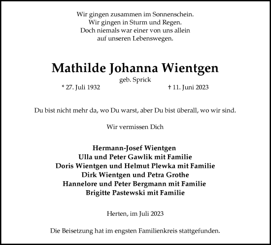 Traueranzeige von Mathilde Johanna Wientgen von Medienhaus Bauer