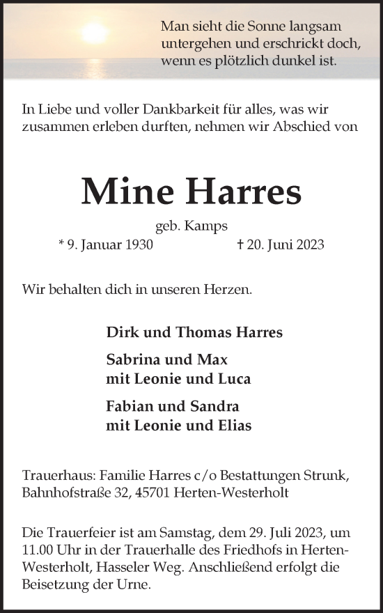 Traueranzeige von Mine Harres von Medienhaus Bauer