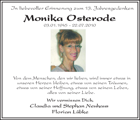 Traueranzeige von Monika Osterode 