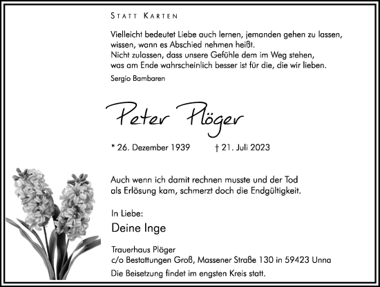 Traueranzeige von Peter Plöger von Hellweger Anzeiger