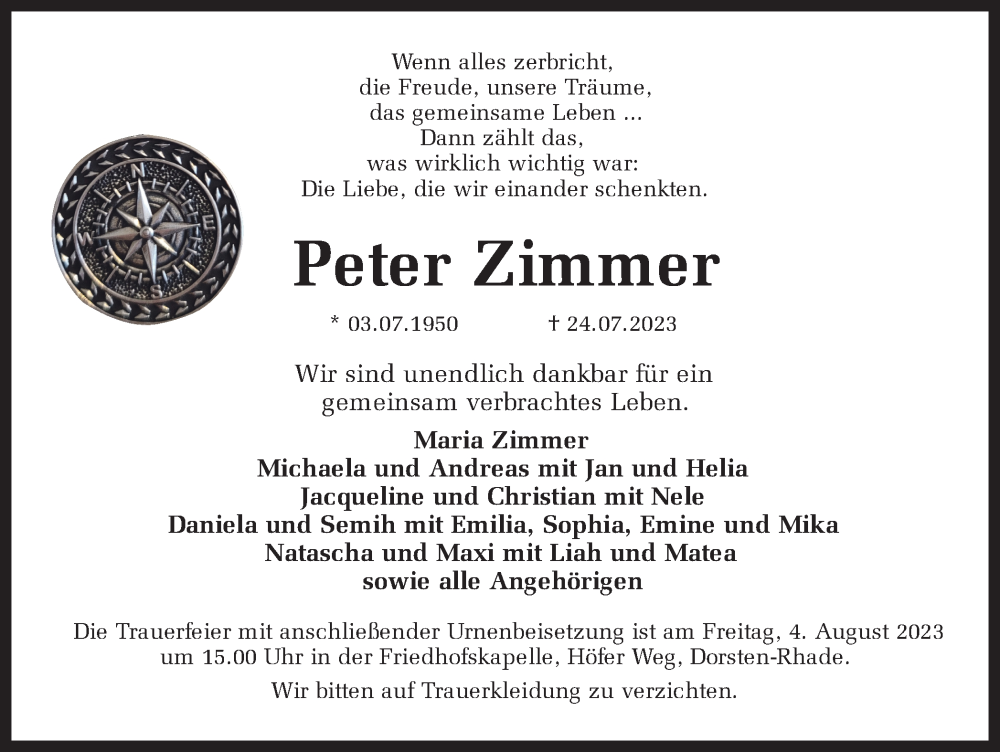  Traueranzeige für Peter Zimmer vom 29.07.2023 aus Ruhr Nachrichten und Dorstener Zeitung