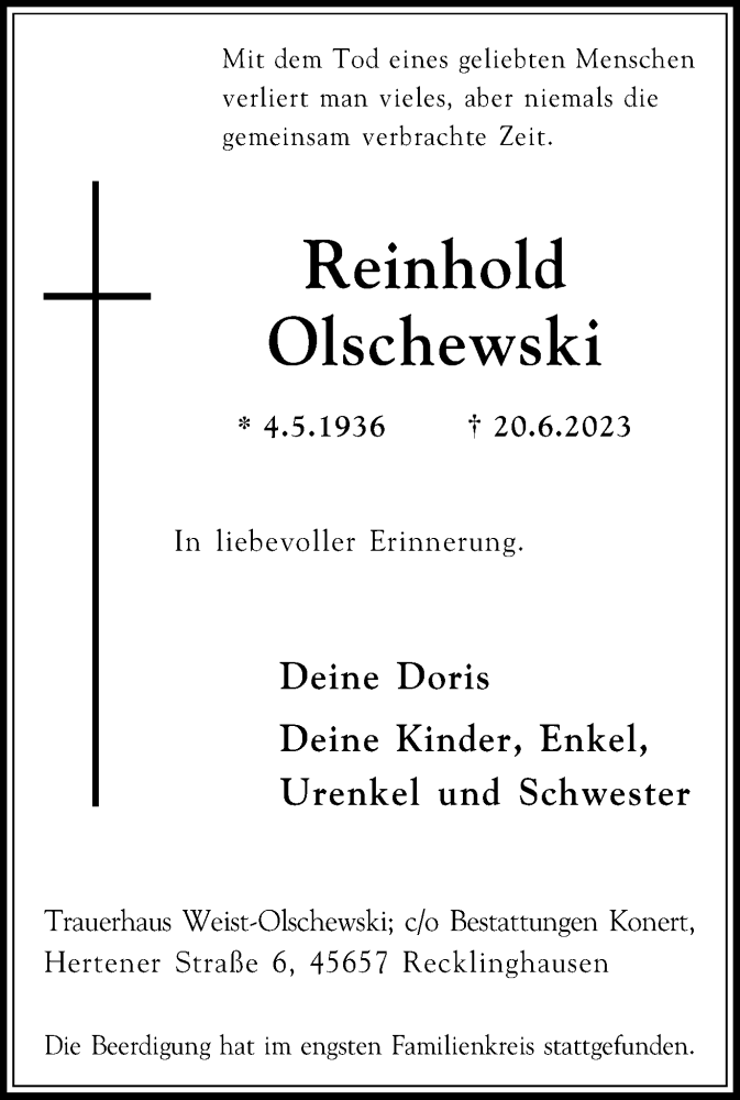  Traueranzeige für Reinhold Olschewski vom 01.07.2023 aus Medienhaus Bauer