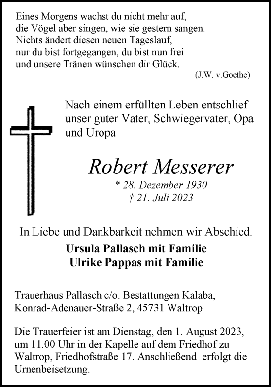 Traueranzeige von Robert Messerer von Medienhaus Bauer