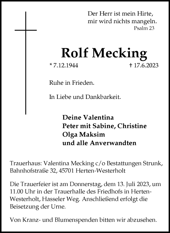 Traueranzeige von Rolf Mecking von Medienhaus Bauer