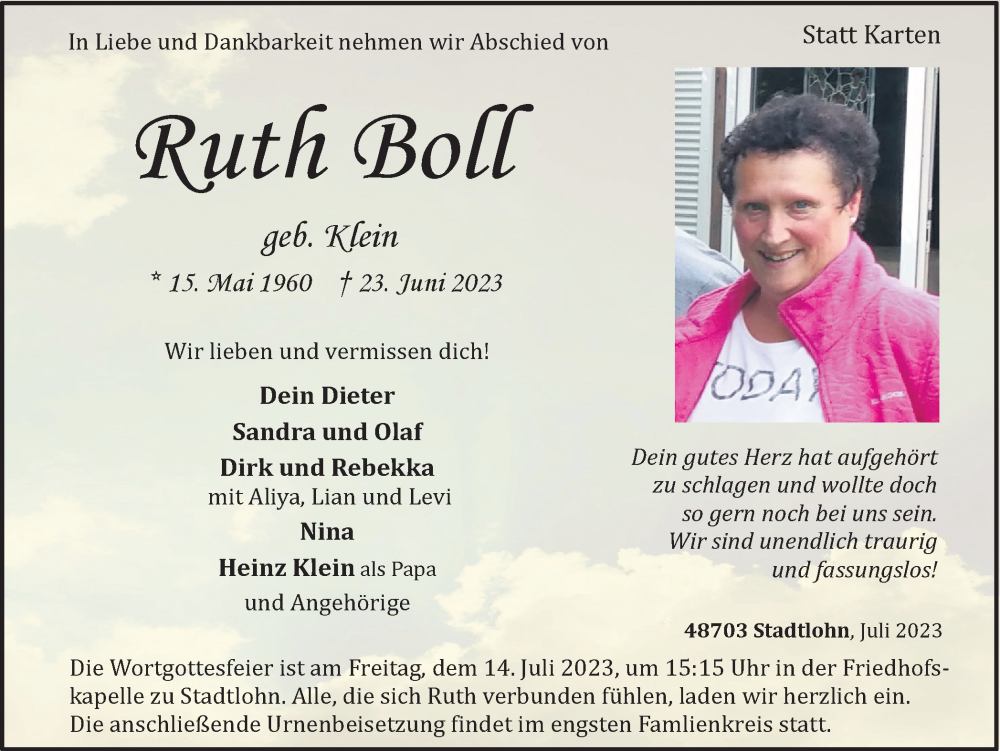  Traueranzeige für Ruth Boll vom 07.07.2023 aus Münstersche Zeitung und Münsterland Zeitung