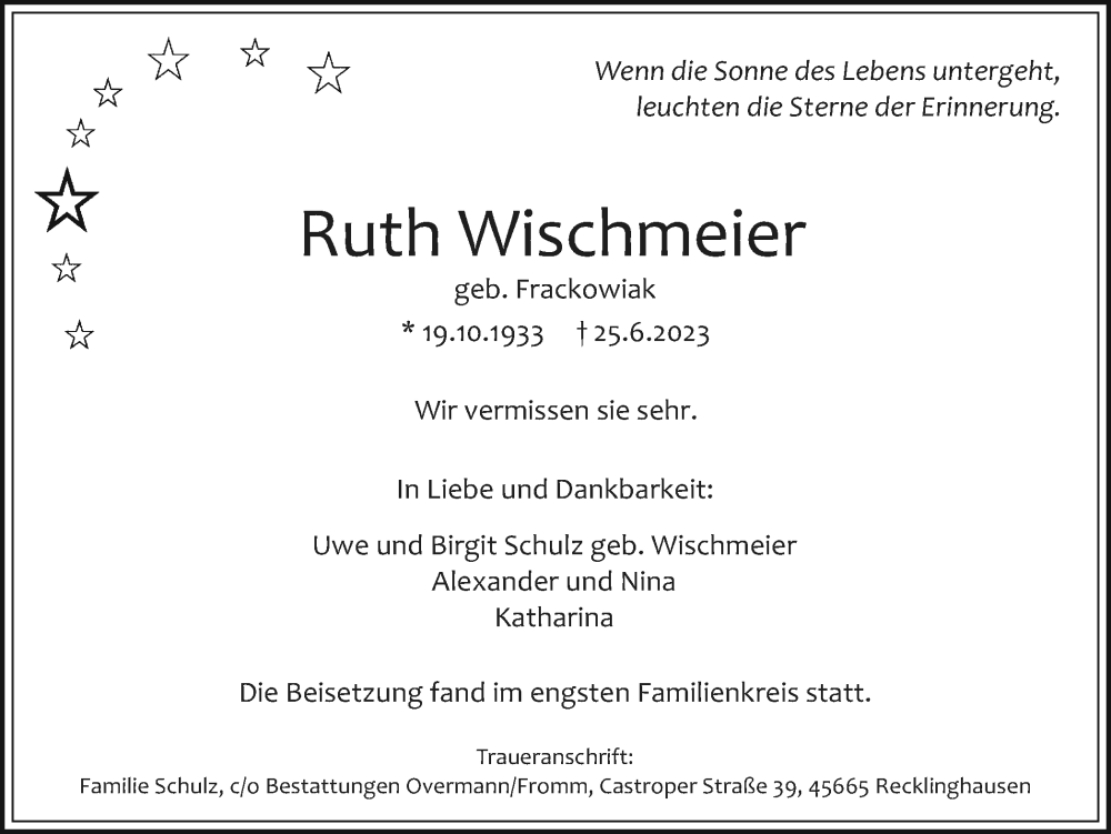  Traueranzeige für Ruth Wischmeier vom 08.07.2023 aus Medienhaus Bauer