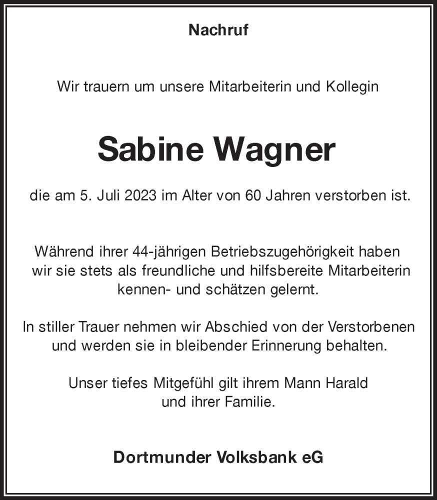  Traueranzeige für Sabine Wagner vom 14.07.2023 aus 