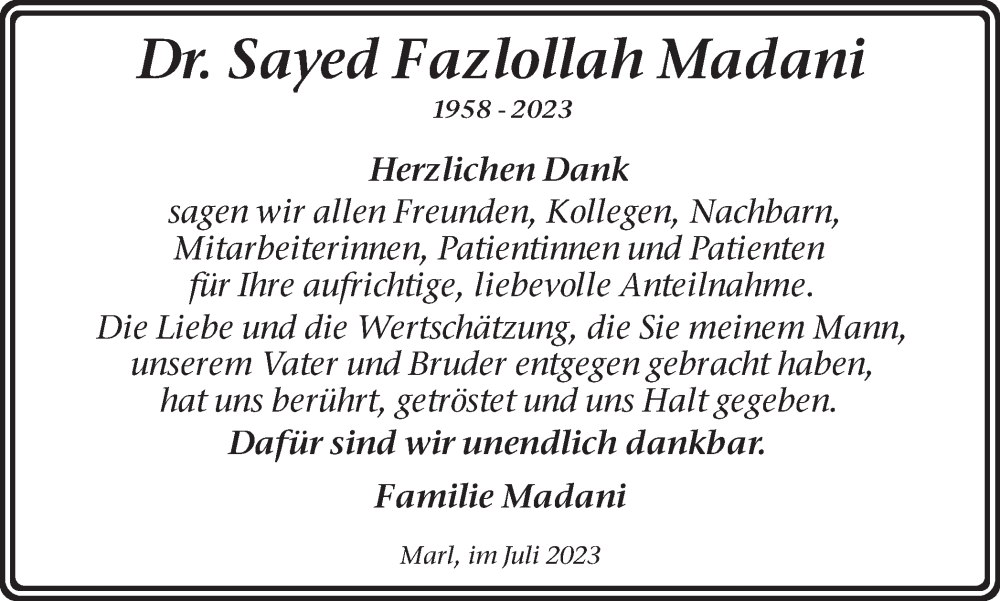  Traueranzeige für Sayed Fazlollah Madani vom 08.07.2023 aus Medienhaus Bauer