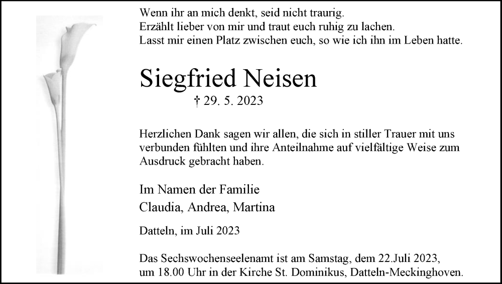  Traueranzeige für Siegfried Neisen vom 15.07.2023 aus Medienhaus Bauer
